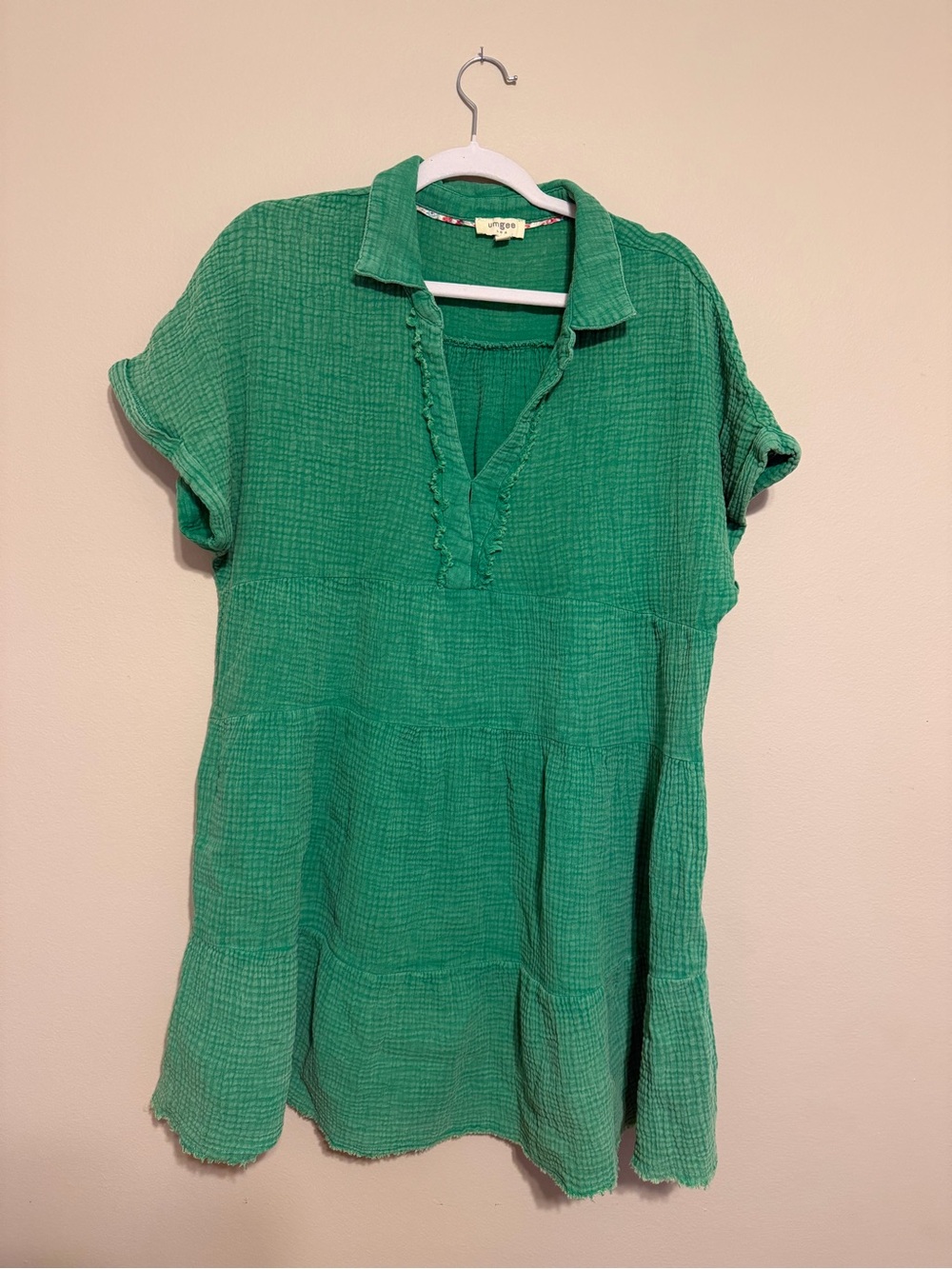 Umgee Kelly Green Textured Gauze Tunic Dress • Collared • Tiered • Boho